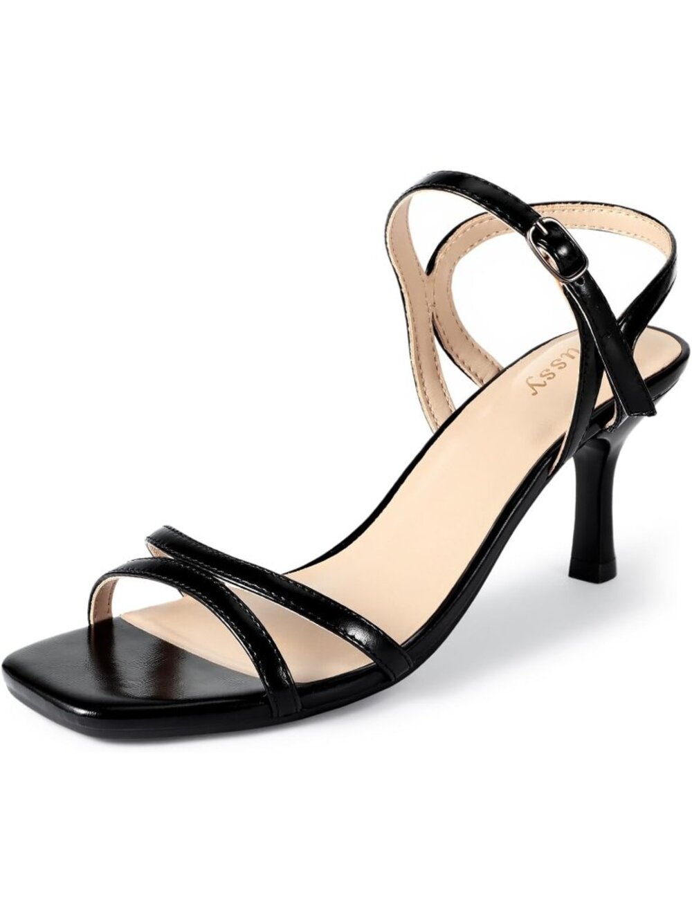 Women's Black Kitten Heels Square Open Toe Ankle Stylish Strappy Heeled Sandals